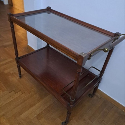 Vintage wooden serving trolley used with glass top and brass handle