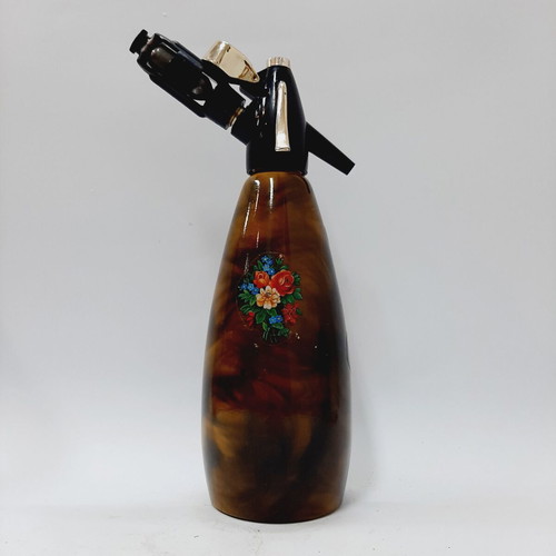 Vintage Soda Siphon Marble Brown Amber Floral Motif, Like New