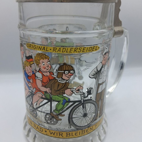 Vintage German Glass Beer Stein with Bicycle Bell Lid BMF Radlerseidel