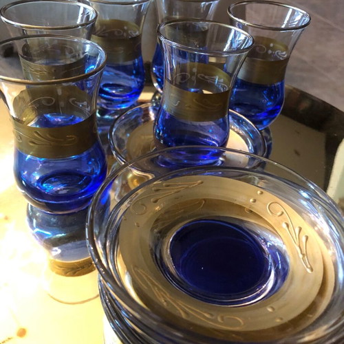 Tea glasses new, set of 6 blue with gold
