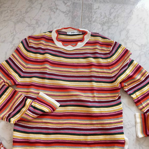 Zara multicolor striped blouse with orange pants and bag set