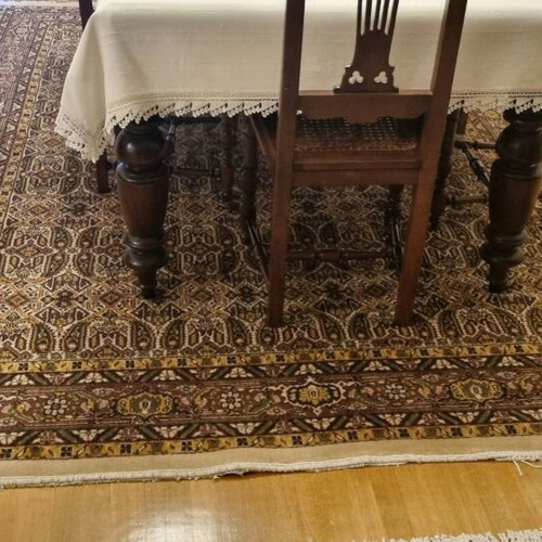 Wool rug authentic used with small patch and missing fringes 3x2.15
