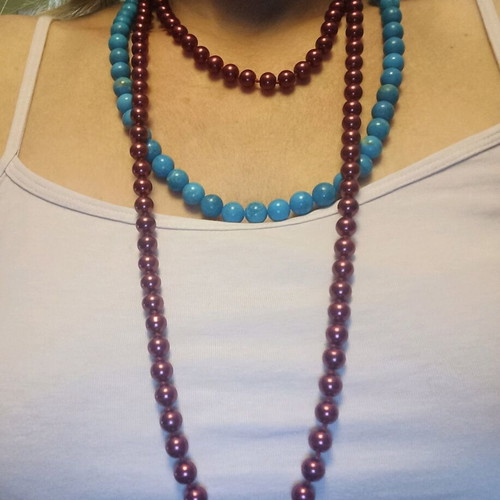 Faux pearl necklaces used, red and turquoise, set of two