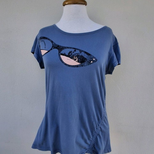 Attrattivo blouse used, size L, blue with print and cutout design