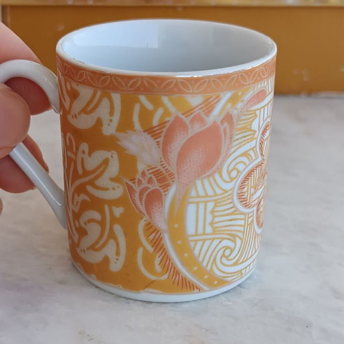 Porcelain cup set new with 6 saucers in pink and orange shades