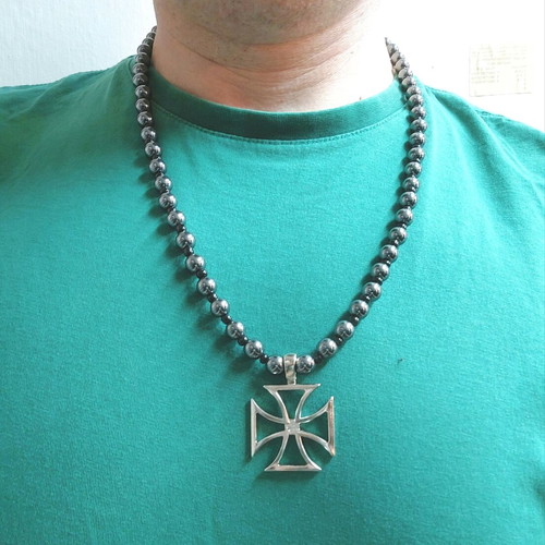 Necklace Iron Cross with 8mm Hematite Beads, new, 60 cm