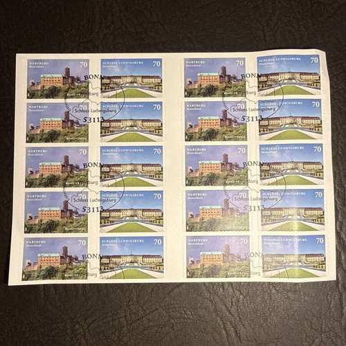 Collectible German stamp sheet with Wartburg and Schloss Ludwigsburg castles, new