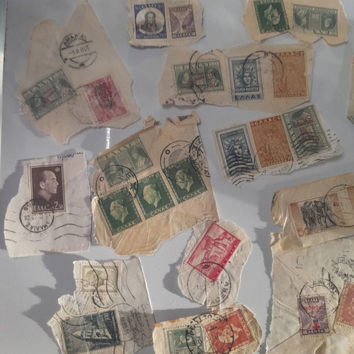 Old Greek stamps on envelope cutouts used, 1930s-1950s