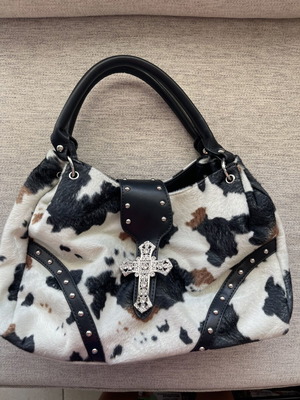 Cowprint Shoulder Bag like new with rhinestone cross and stud details