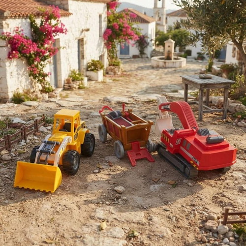Toy vehicle set used with Playmobil excavator and Fischer Price carriage