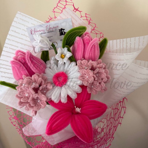 Delicate pink bouquet of tulips, lilies and gerbera custom made