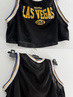 Crop top jersey type used with mesh fabric and "LAS VEGAS USA" graphic