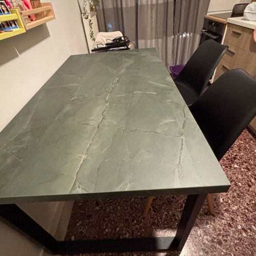 IKEA table 140x81 cm, dark green marble effect surface, black metal legs