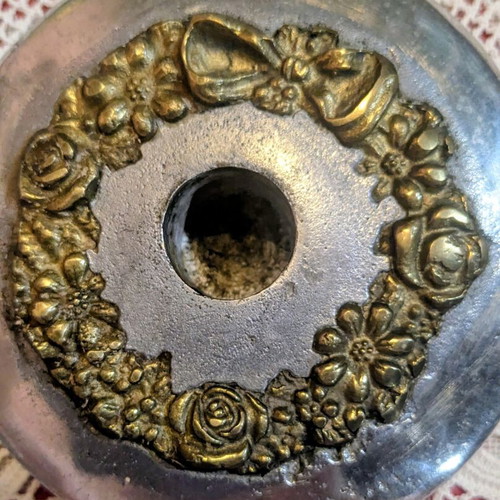 Vintage heavy metal candlestick 12cm with embossed brass wreath