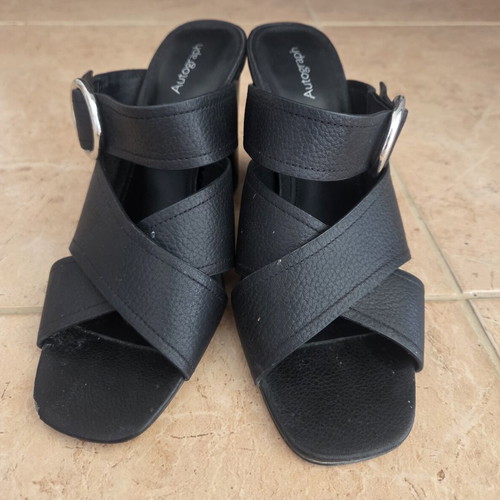 Autograph Black Leather Mules Block Heel Cross Strap Sandals