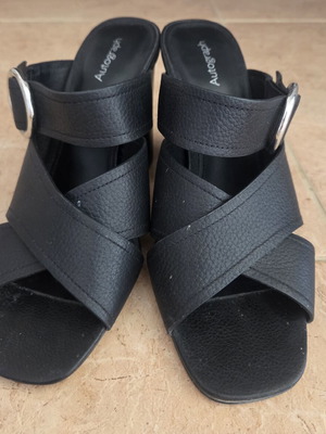 Autograph Black Leather Mules Block Heel Cross Strap Sandals