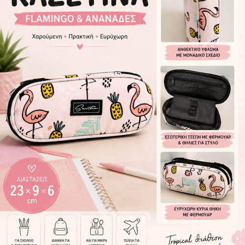 Sentio Flamingo & Pineapple Pencil Case like new, tropical design