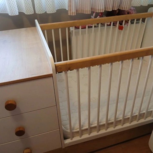 Cilek Convertible Baby Cot with Changing Table, 2 Mattresses & Baby Set like new