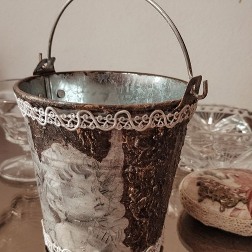 Decorative metal bucket with decoupage new