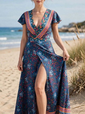 Floral Print Long Summer Dress like new, bat sleeve, v neck, wrap boho