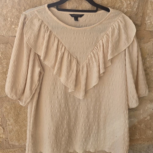 Cortefiel Textured Ruffle Blouse with Puff Sleeves like new, beige