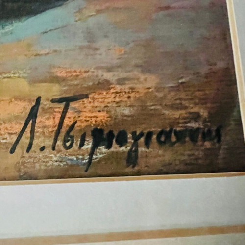 Painting by Lefteris Tsimogiannis with clay pot and flowers, framed