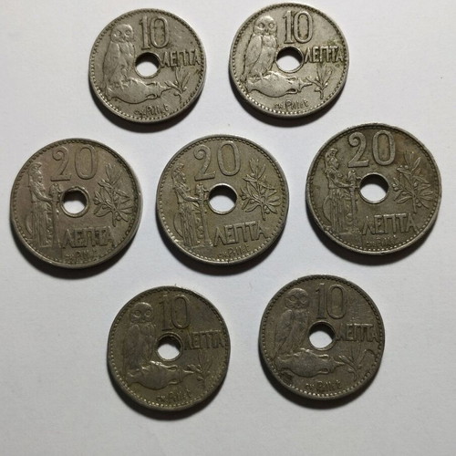 Lot of 7 Greek coins used, year 1912, 4x10 lepta & 3x20 lepta