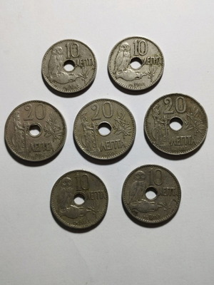 Λοτ 7 ελληνικών νομισμάτων μεταχειρισμένα, έτος 1912, 4x10 λεπτά & 3x20 λεπτά