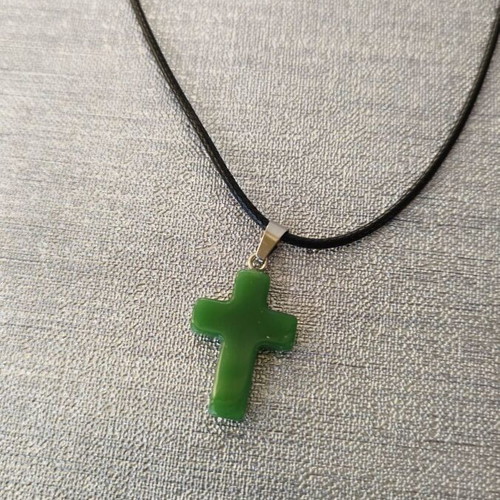 Glass cross necklace new green with short cord