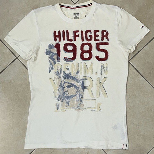 Tommy Hilfiger Denim T-Shirt, white, size S, embroidered Hilfiger 1985 graphic
