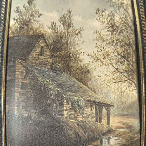 Vintage wall art silk screen on fabric with embossed bronze frame