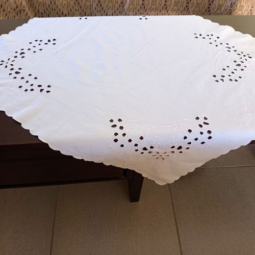 Vintage handmade cutwork tablecloth used, white embroidery 69x78 cm