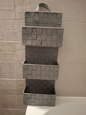 Hanging bathroom organizer used with 3 shelves