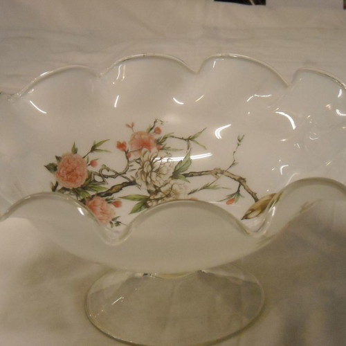 Vintage fruit bowl used, double white glass with swallows