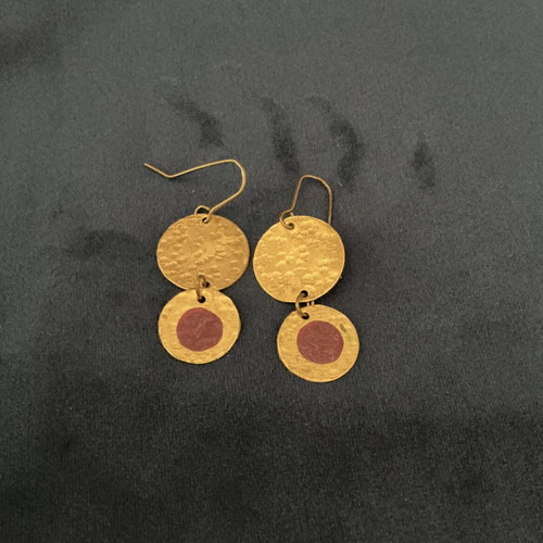 Handmade earrings in gold tone like new with purple enamel detail