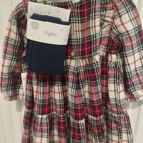Fred&Flo checked dress 3-6m new with gift tights