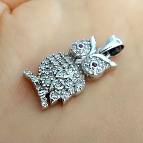 Silver owl pendant with white and ruby zirconia, new