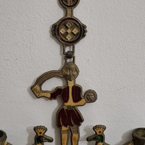 Bronze wall candle holder with enamel, vintage used