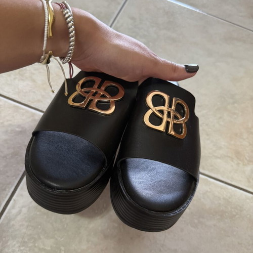 Simius black platform sandals with gold metal detail, size 38