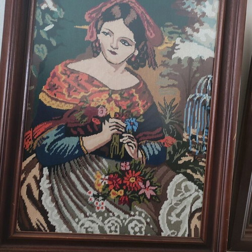 Handmade embroidered paintings with wooden frame used, set of 2 pieces