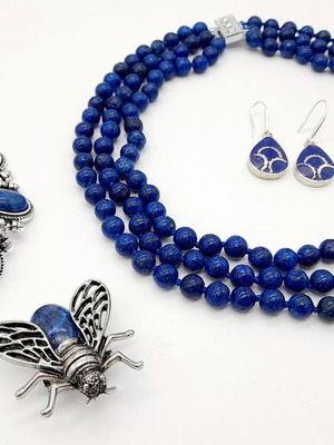 Lapis Lazuli Jewelry Set New, Silver 925, Necklace, Bracelet, Earrings, Ring, Brooch