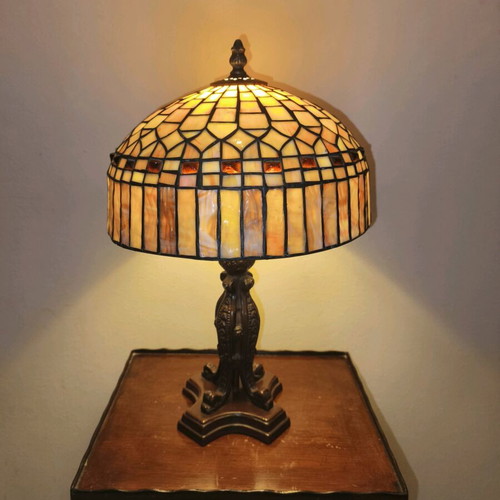 Vintage Tiffany-style table lamp with stained glass shade