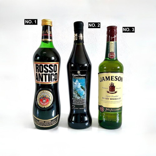 Set of 3 bottles Rosso Antico Vermouth 1990, Captain Roussos Vinsanto 2003, Jameson Irish Whiskey 2004 new