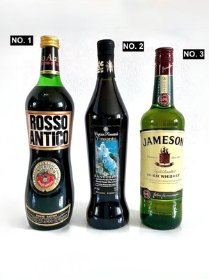 Σετ 3 φιάλες Rosso Antico Vermouth 1990, Captain Roussos Vinsanto 2003, Jameson Irish Whiskey 2004 καινούργιο