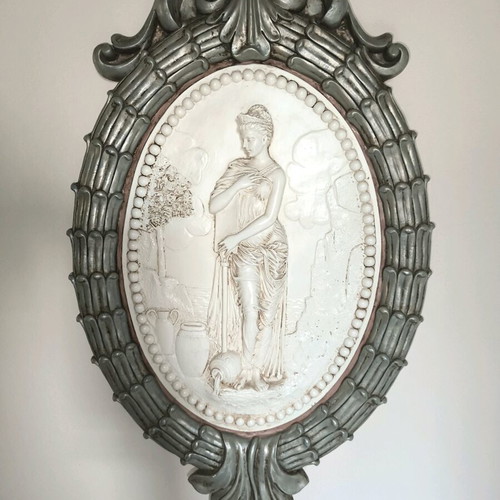 Neoclassical large plaster wall decoration with embossed figure like new