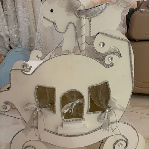 Wooden baptism box carriage with horse, handmade