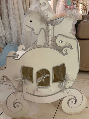 Wooden baptism box carriage with horse, handmade