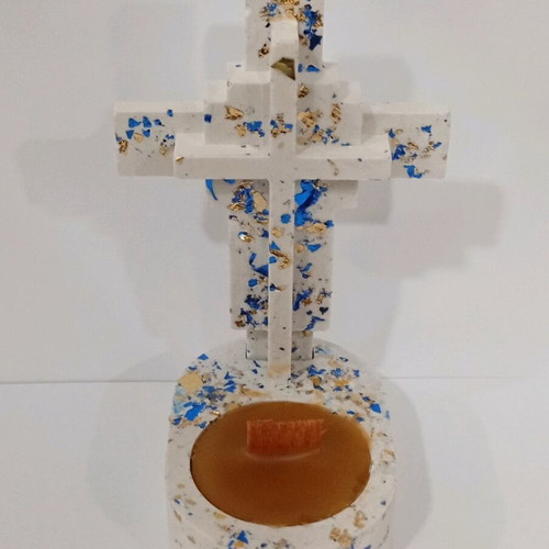 Handmade porcelain cross candle holder with pure beeswax and decorative leaves